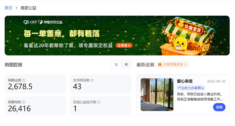 阿里巴巴公益平台店铺捐赠数据截图：累计捐赠金额 2,678.5 元、支持项目 43 个、捐赠笔数 26,416 笔